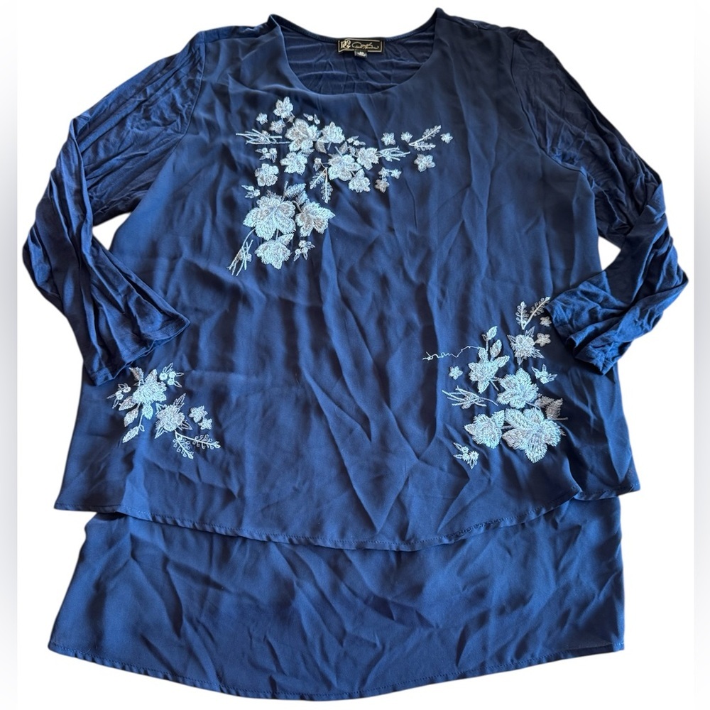 DG2 by Diane Gilman Navy Floral Embroidered Long Sleeve Blouse M